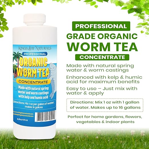 Organic Worm Tea Concentrate – 16 oz Liquid Fertilizer with Kelp & Humic Acid – Compost & Bokashi Booster – 100% Natural Worm Casting Tea for Indoor & Outdoor Plants, Vegetables, Flowers & Trees